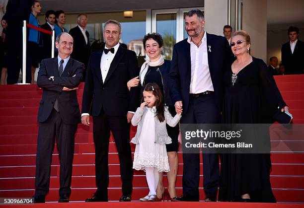 Actor Mimi Branescu, producer Anca Puiu, director Cristi Puiu and actor Dana Dogaru attend the "Sieranevada" premiere during the 69th annual Cannes...