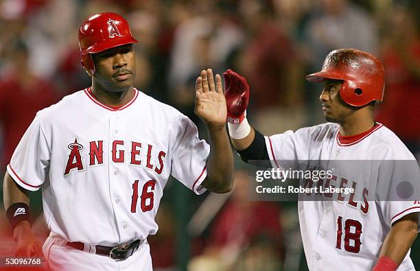 Garrett Henderson of the Los Angeles Angels of Anaheim celebrates with teammate Orlando Cabrera after scoring and tying the game at 2-2 in the 9th...