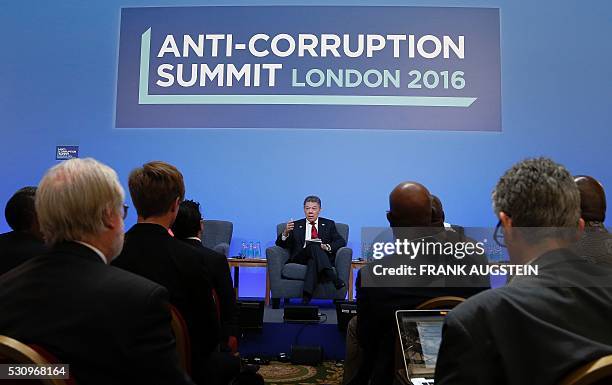 Colombian President Juan Manuel Santos speaks during a panel discussion during the Anti-Corruption Summit London 2016, at Lancaster House in central...