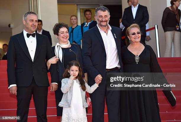 Actor Mimi Branescu, producer Anca Puiu, director Cristi Puiu and actor Dana Dogaru attend the "Sieranevada" premiere during the 69th annual Cannes...