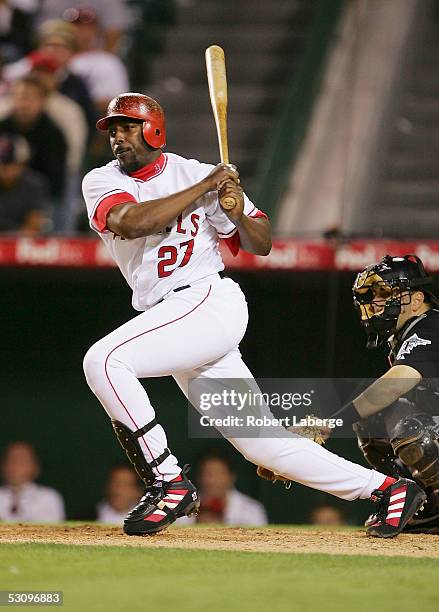 Vladimir Guerrero of the Los Angeles Angels of Anaheim gets a hit in the 11th inning during the game against the Florida Marlins on June 17, 2005 at...