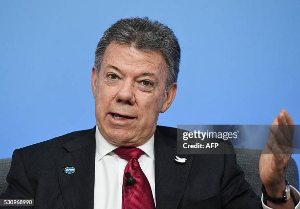 Colombian President Juan Manuel Santos participates in a panel discussion during the Anti-Corruption Summit London 2016, at Lancaster House in...