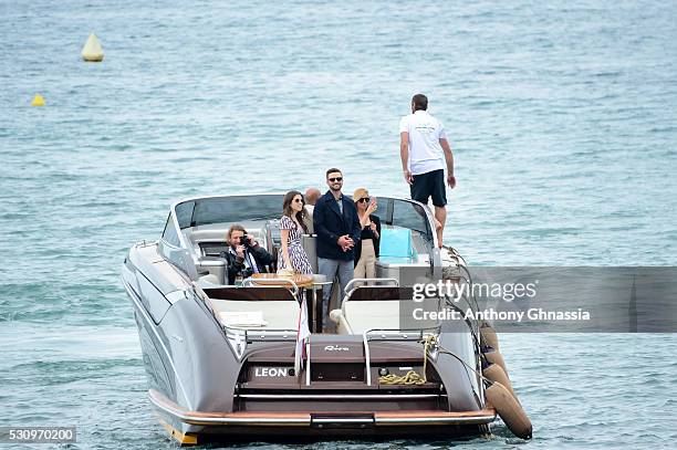 Anna Kendrick and Justin Timberlake are seen getting out of a boat to the 'Trolls' Photocall during the 69th Annual Cannes Film Festival on May 11,...