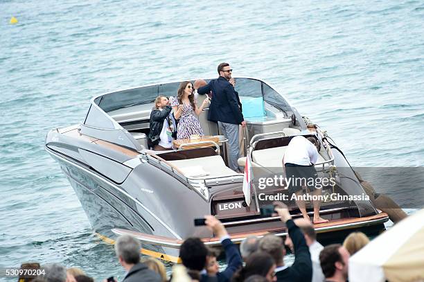 Anna Kendrick and Justin Timberlake are seen getting out of a boat to the 'Trolls' Photocall during the 69th Annual Cannes Film Festival on May 11,...