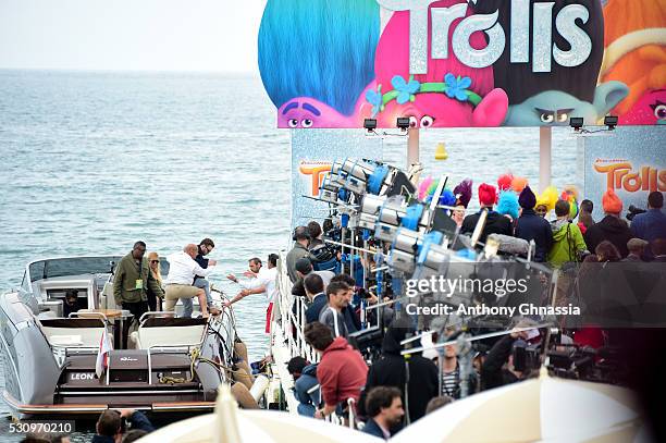 Anna Kendrick and Justin Timberlake are seen getting out of a boat to the 'Trolls' Photocall during the 69th Annual Cannes Film Festival on May 11,...