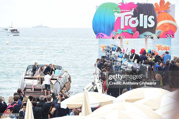 Anna Kendrick and Justin Timberlake are seen getting out of a boat to the 'Trolls' Photocall during the 69th Annual Cannes Film Festival on May 11,...