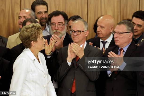 Brazil's suspended President Dilma Rousseff is seen upon her arrival to make a statement at the Planalto Palace in Brasilia on May 12, 2016. Rousseff...