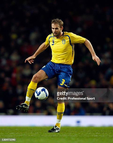 Olof Mellberg of Sweden in action during the Brazil v Sweden International Match at The Emirates Stadium , London , UK.