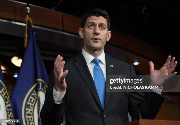 Speaker of the House Paul Ryan addresses his weekly briefing after meeting Republican presidential candidate Donald Trump on Capitol Hill in...