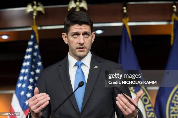 Speaker of the House Paul Ryan addresses his weekly briefing after meeting Republican presidential candidate Donald Trump on Capitol Hill in...