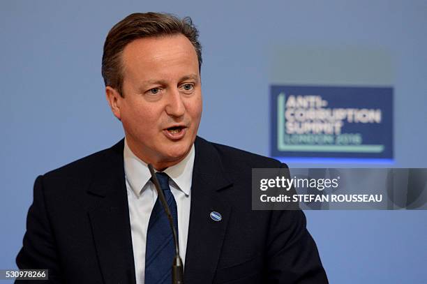 British Prime Minister David Cameron speaks during the final session at the Anti-Corruption Summit London 2016 in London on May 12, 2016. David...