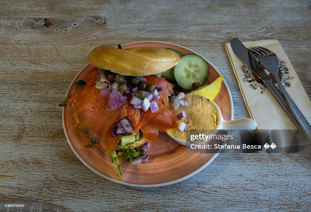 Bagel with smoked wild salmon