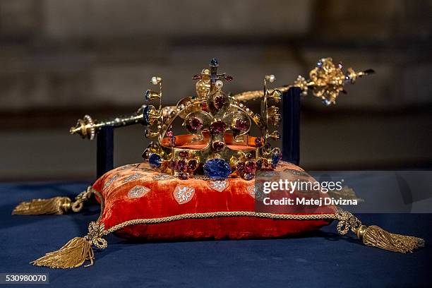 The Bohemian Crown Jewels with the St. Wenceslas Crown in the middle are displayed after removing them from cases at the Vladislav Hall at the Prague...