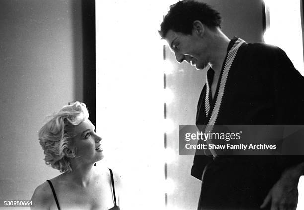 Marilyn Monroe backstage at a Broadway theater visiting actor David Wayne during the run of "Teahouse of the August Moon" in 1954 in New York, New...