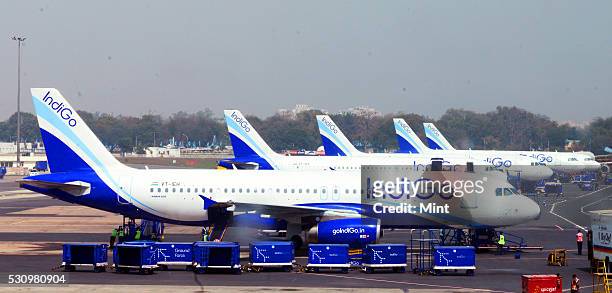 Indigo aircrafts at Indira Gandhi International Airport on March 3, 2015 in New Delhi, India.