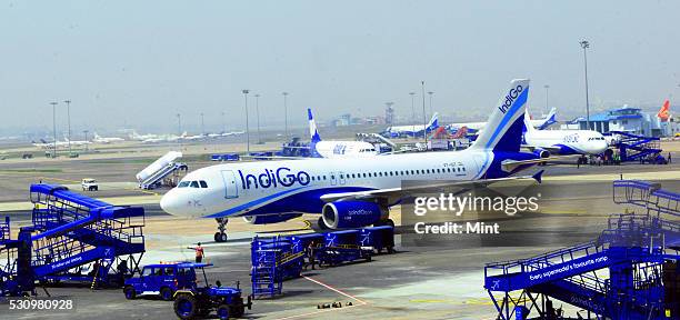 Indigo aircrafts at Indira Gandhi International Airport on March 3, 2015 in New Delhi, India.