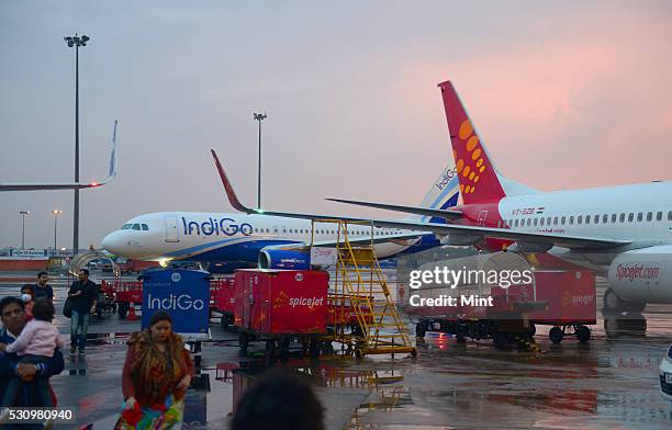 Indigo and Spicejet aircrafts at Indira Gandhi International Airport on March 3, 2015 in New Delhi, India.