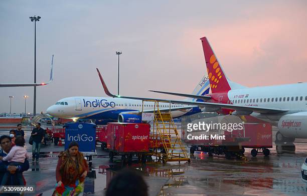 Indigo and Spicejet aircrafts at Indira Gandhi International Airport on March 3, 2015 in New Delhi, India.