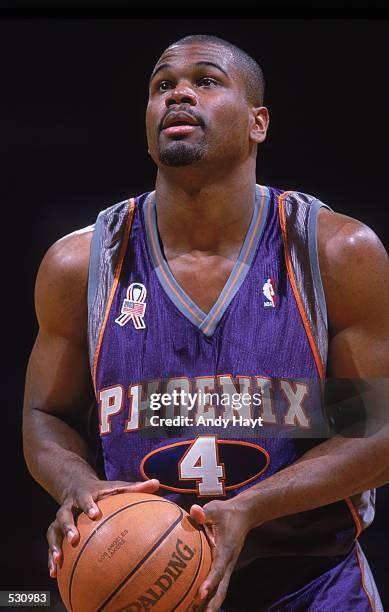 Alton Ford of the Phoenix Suns lines up a free throw during the pre-season game against the Los Angeles Lakers at the San Diego Sports Arena in San...