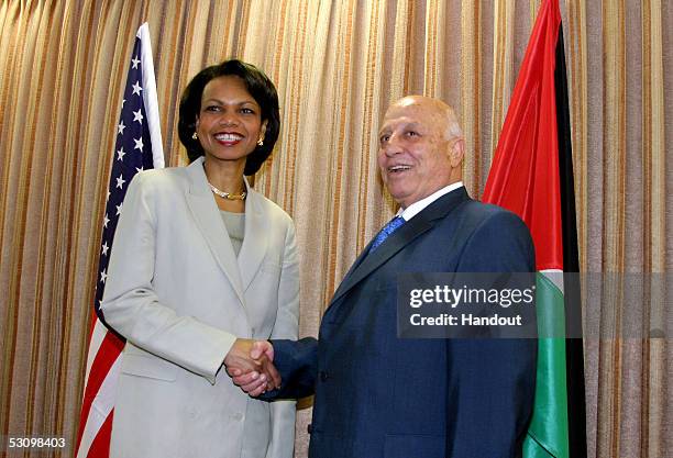 In this handout photo from the Palestinian Authority, U.S. Secretary of State Condoleezza Rice meets with Palestinian Prime Minister Ahmed Qureia...