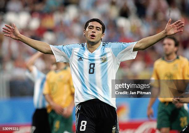 Juan Riquelme of Argentina celebrates after he scored from the penalty spot making it 2-0 during the FIFA Confederations Cup 2005 match between...
