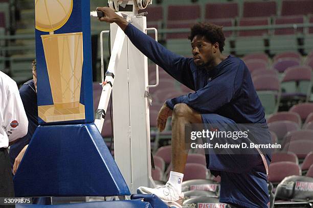 Ben Wallace of the Detroit Pistons looks on at a team practice during Media Availability the day before Game Five of the 2005 NBA Finals on June 18,...