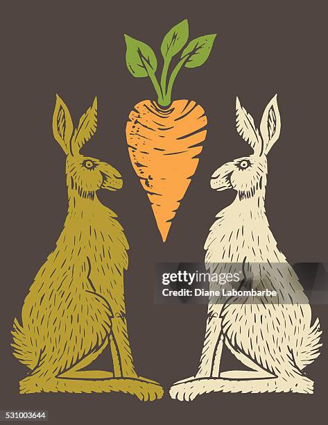 linoblock aufdruck karotten kaninchen & karotten - linolschnitt stock-grafiken, -clipart, -cartoons und -symbole