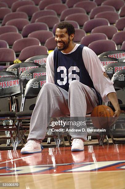 Rasheed Wallace of the Detroit Pistons at a team practice during Media Availability the day before Game Five of the 2005 NBA Finals on June 18, 2005...