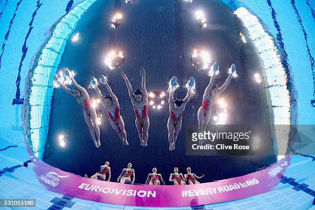 Team Russia compete in the Synchronised Swimming Team Free Final on day four of the 33rd LEN European Swimming Championships 2016 at Aquatics Centre...