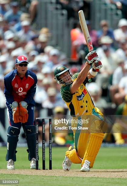 Shane Watson of Australia hits out during the NatWest Series One Day International between England and Australia played at the County Ground on June...