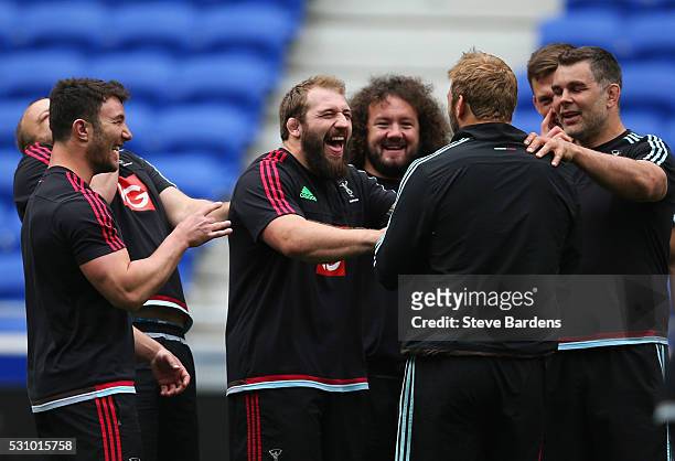 George Lowe, Joe Marler, Adam Jones, Chris Robshaw and Nick Easter share a joke during the Harlequins Captain's Run on the eve of the European Rugby...