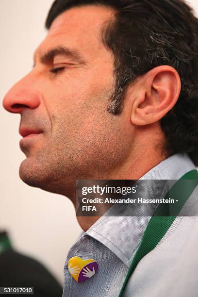 Luis Figo reacts as he and the FIFA Legends visit the Teleton foundation rehabilitation center at CRIT Estado de M��xico ahead of the 66th FIFA...