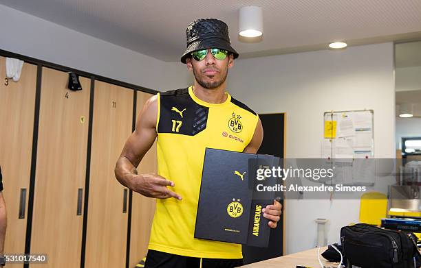 Pierre-Emerick Aubameyang revealing the new Borussia Dortmund home jersey, Season 2016-2017 on May 12, 2016 in Dortmund, Germany.