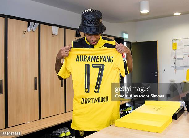 Pierre-Emerick Aubameyang revealing the new Borussia Dortmund home jersey, Season 2016-2017 on May 12, 2016 in Dortmund, Germany.