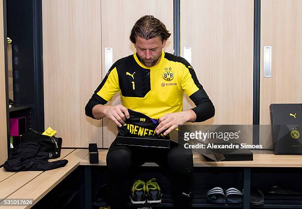 Goalkeeper Roman Weidenfeller of Borussia Dortmund revealing the new Borussia Dortmund home jersey, Season 2016-2017 on May 12, 2016 in Dortmund,...