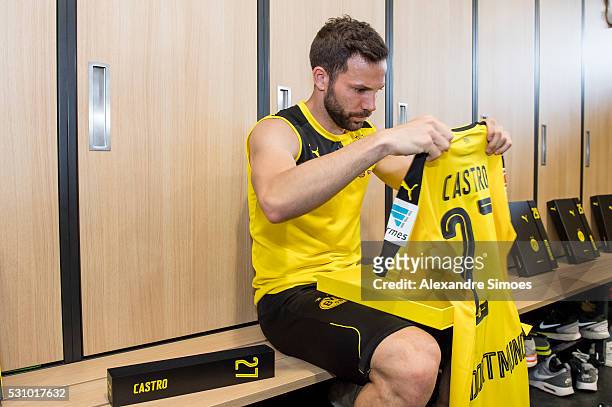 Gonzalo Castro of Borussia Dortmund revealing the new Borussia Dortmund home jersey, Season 2016-2017 on May 12, 2016 in Dortmund, Germany.