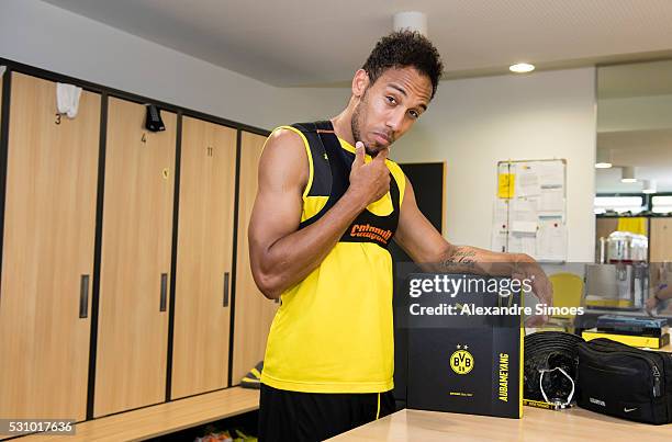 Pierre-Emerick Aubameyang revealing the new Borussia Dortmund home jersey, Season 2016-2017 on May 12, 2016 in Dortmund, Germany.