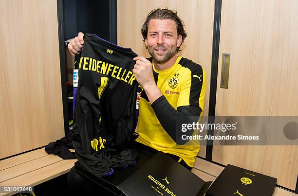 Goalkeeper Roman Weidenfeller of Borussia Dortmund revealing the new Borussia Dortmund home jersey, Season 2016-2017 on May 12, 2016 in Dortmund,...