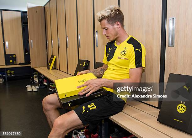 Erik Durm of Borussia Dortmund revealing the new Borussia Dortmund home jersey, Season 2016-2017 on May 12, 2016 in Dortmund, Germany.