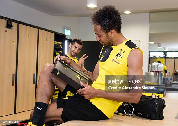 Pierre-Emerick Aubameyang revealing the new Borussia Dortmund home jersey, Season 2016-2017 on May 12, 2016 in Dortmund, Germany.