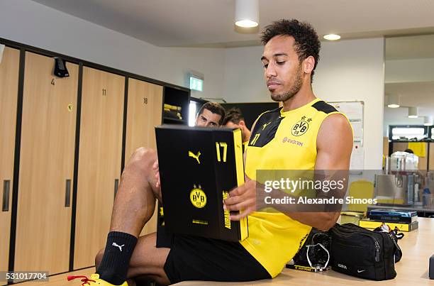 Pierre-Emerick Aubameyang revealing the new Borussia Dortmund home jersey, Season 2016-2017 on May 12, 2016 in Dortmund, Germany.