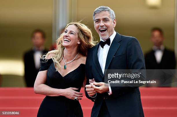 Actors Julia Roberts and George Clooney attend the "Money Monster" premiere during the 69th annual Cannes Film Festival at the Palais des Festivals...