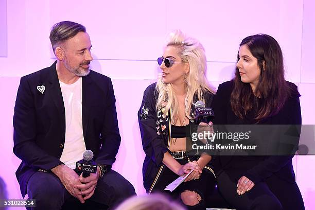 David Furnish, Lady Gaga and Natali Germanotta speak to customers who made a lovebravery qualifying purchase at the launch of "Bravery" by Lady Gaga...