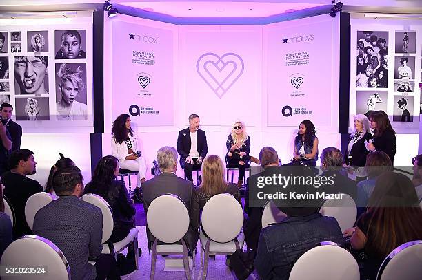 David Furnish, Lady Gaga and Natali Germanotta speak to customers who made a lovebravery qualifying purchase at the launch of "Bravery" by Lady Gaga...