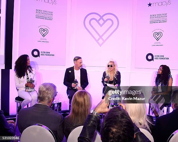 David Furnish, Lady Gaga and Natali Germanotta speak to customers who made a lovebravery qualifying purchase at the launch of "Bravery" by Lady Gaga...