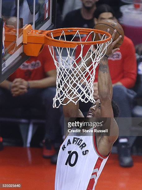 DeMar DeRozan scores in close as the Toronto Raptors beat the Miami Heat in game five 99-91 of their Eastern Conference Semifinal at the Air Canada...