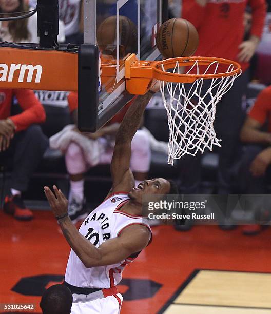 DeMar DeRozan scores in close as the Toronto Raptors beat the Miami Heat in game five 99-91 of their Eastern Conference Semifinal at the Air Canada...