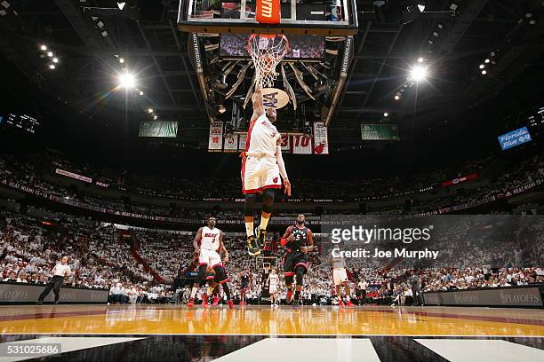 Dwyane Wade of the Miami Heat goes up for a dunk against the Toronto Raptors in Game Four of the Eastern Conference Semifinals during the 2016 NBA...