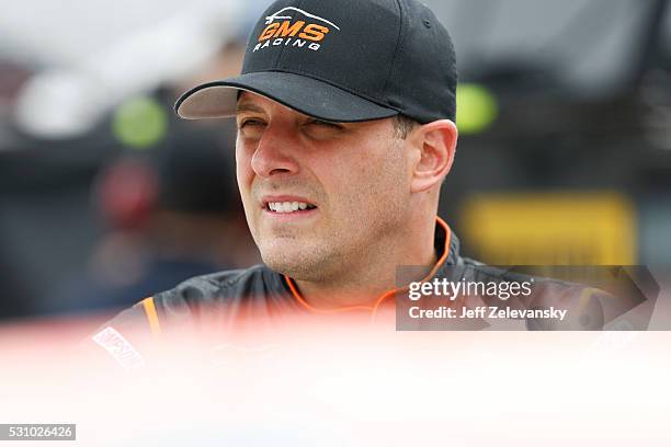 Johnny Sauter, driver of the Allegiant Travel Chevrolet, practices for the NASCAR Camping World Truck Series at Dover International Speedway on May...