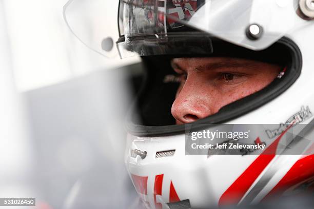 Cole Custer, driver of the Haas Automation Chevrolet, practices for the NASCAR Camping World Truck Series at Dover International Speedway on May 12,...